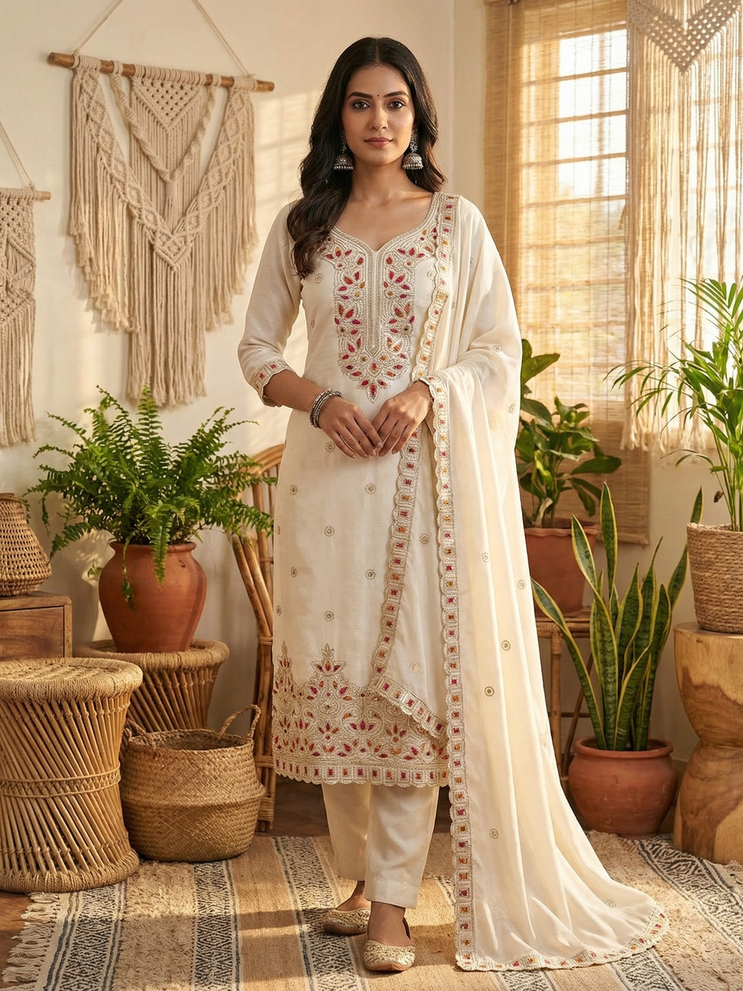 Off White Thread Embroidered Vichitra Silk Dress Material - Image 1
