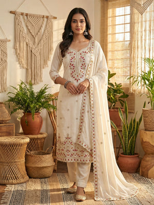 Off White Thread Embroidered Vichitra Silk Dress Material - Image 1
