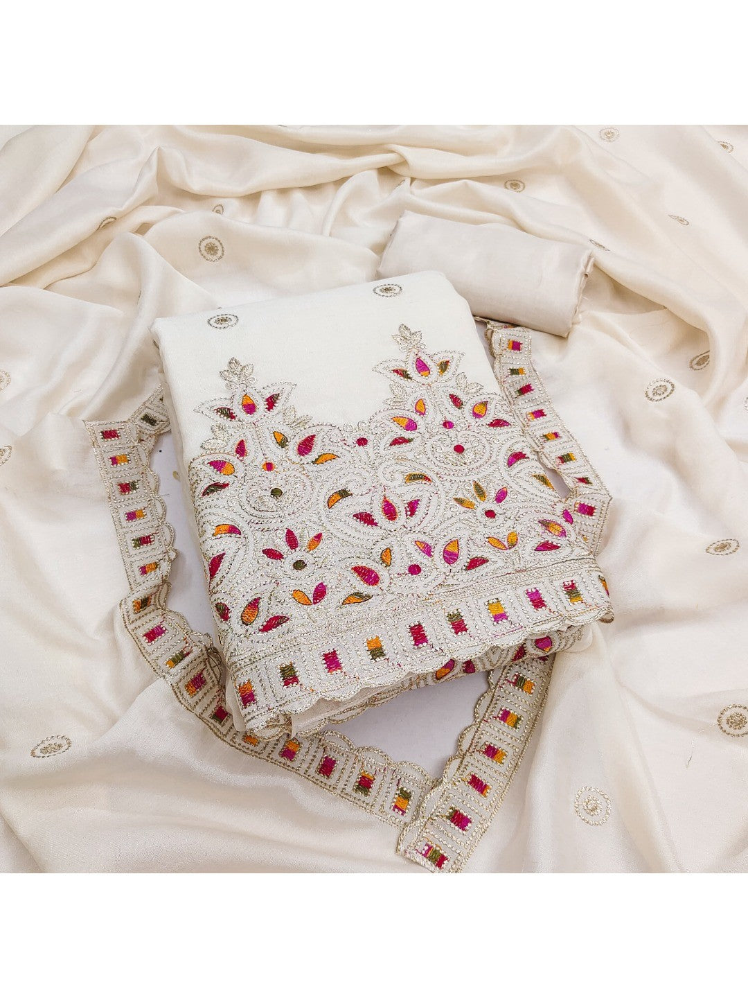 Off White Thread Embroidered Vichitra Silk Dress Material - Image 3