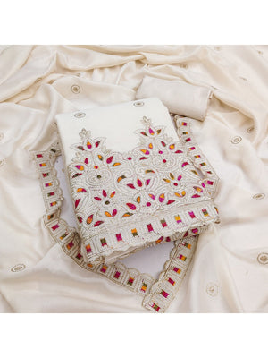 Off White Thread Embroidered Vichitra Silk Dress Material - Image 5