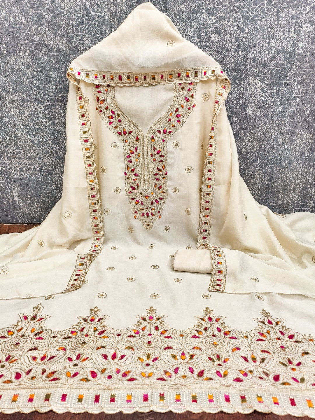 Off White Thread Embroidered Vichitra Silk Dress Material - Image 4