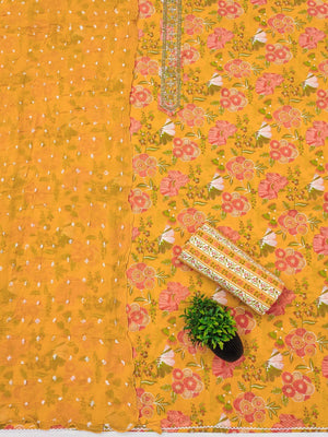 Stylish Mustard Floral Printed Pure Cotton Dress Material With Elegant Embroidered Neckline - Image 2