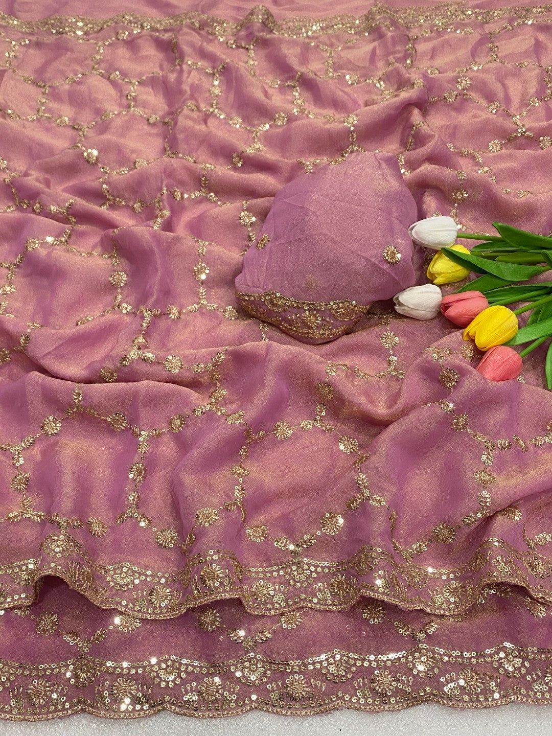 Elegant Pink Shimmer Saree Adorned With Intricate Sequins Embroidery Work - Image 4