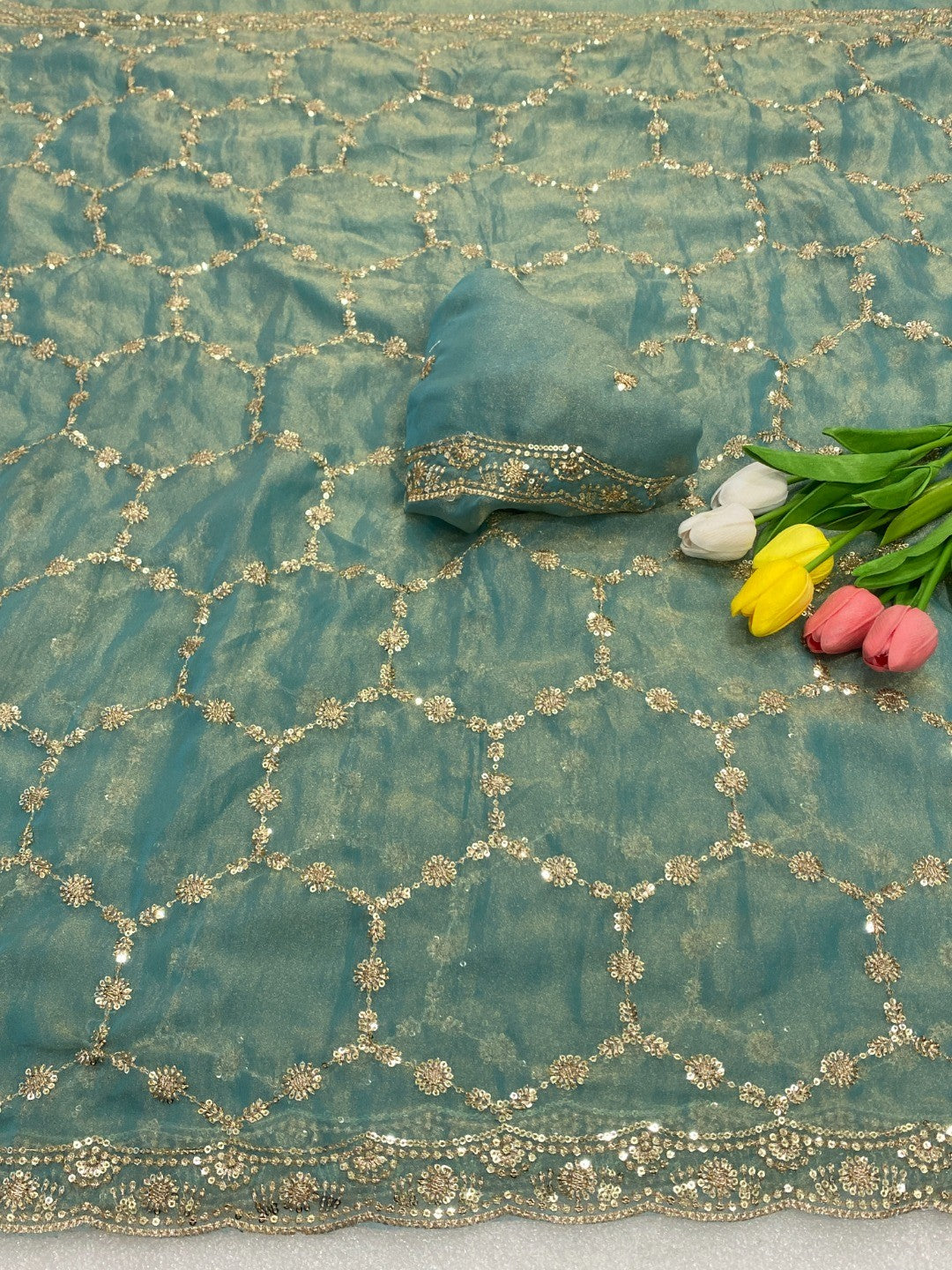 Elegant Blue Shimmer Saree Adorned With Intricate Sequins Embroidery Work - Image 5