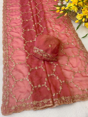 Elegant Gajari Pink Shimmer Saree Adorned With Intricate Sequins Embroidery Work - Image 2