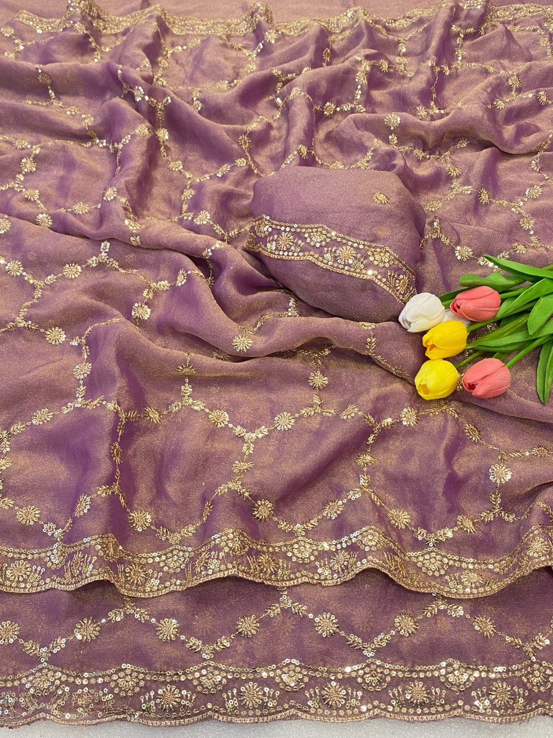 Elegant Lavneder Shimmer Saree Adorned With Intricate Sequins Embroidery Work - Image 3