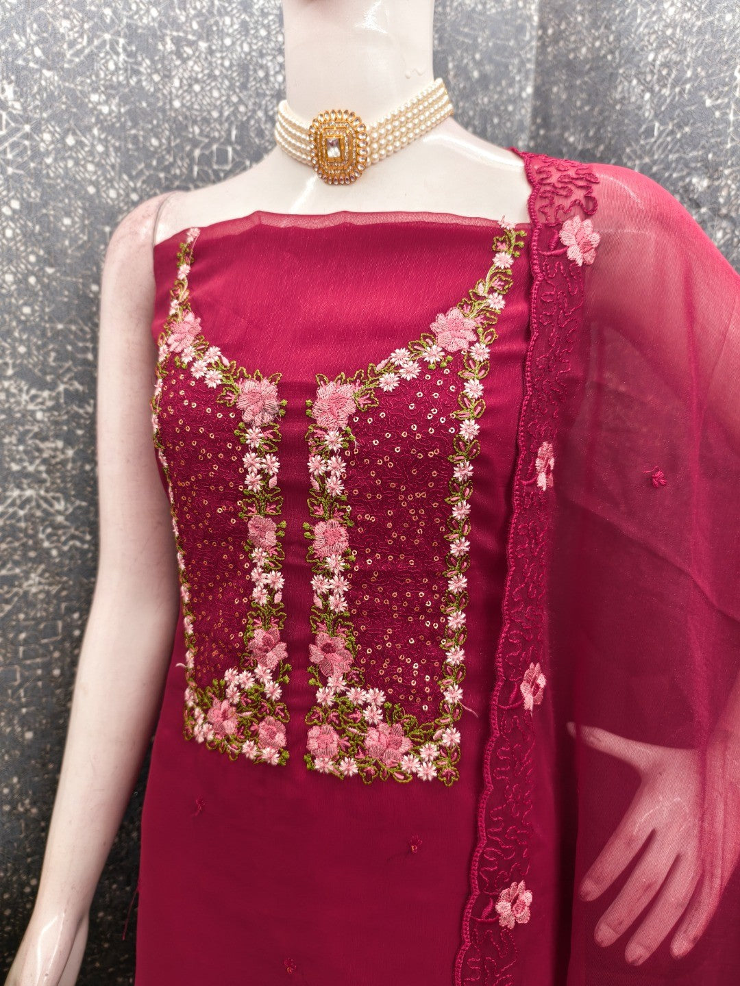Pink Shimmer Dress Material with Floral Embroidery and Dupatta - Image 3
