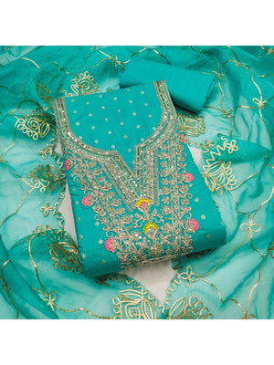 Turquoise Chanderi Cotton Dress Material Featuring Intricate Thread Embroidery - Image 1