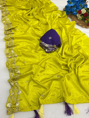 Charming Chartreuse Yellow Georgette Saree Enhanced With Intricate Floral Sequins Embroidery - Image 1