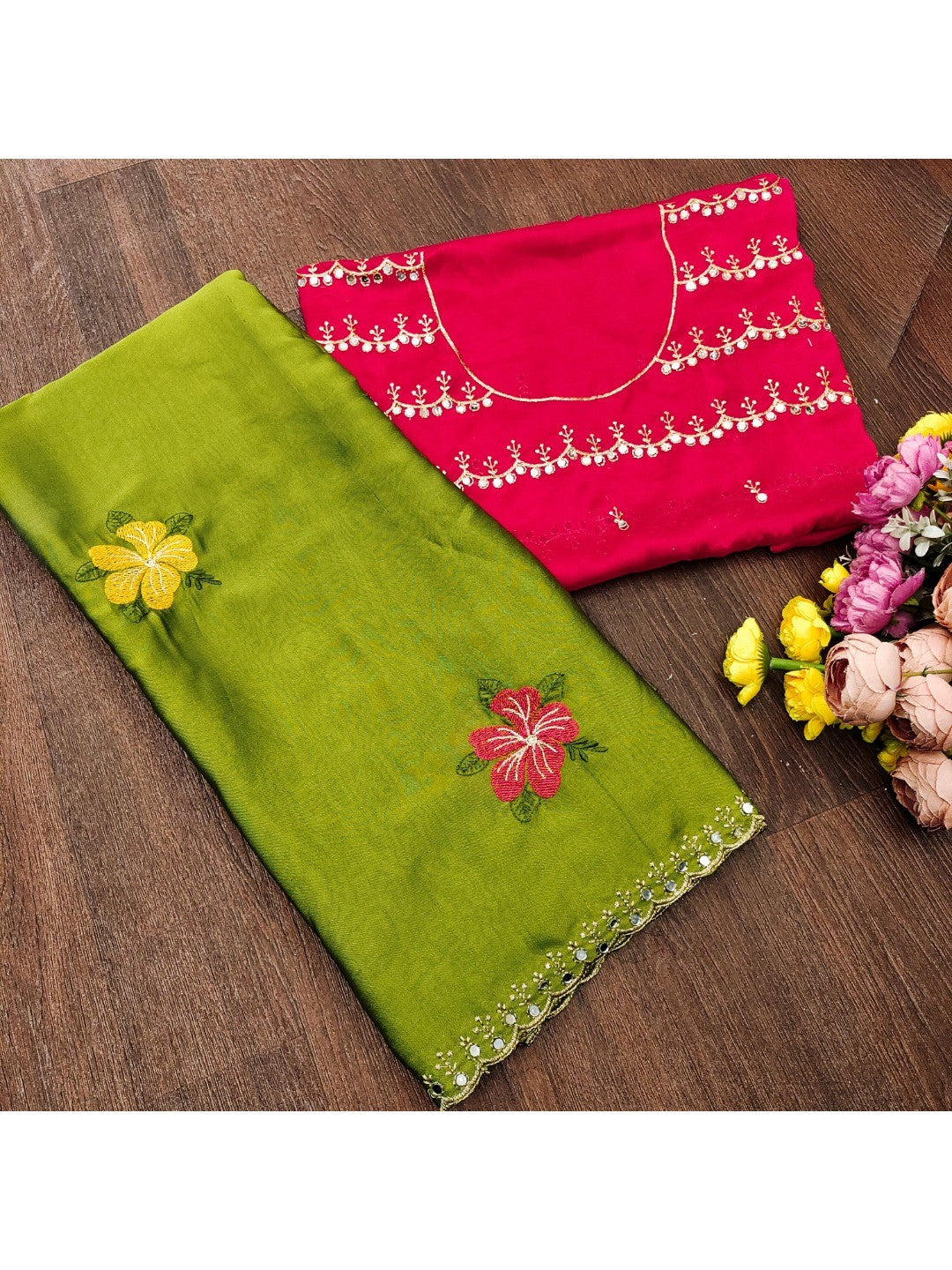 Green & Pink Floral Thread Work Saree Viscose Beautiful Mirror Border Festive Glamour - Image 2