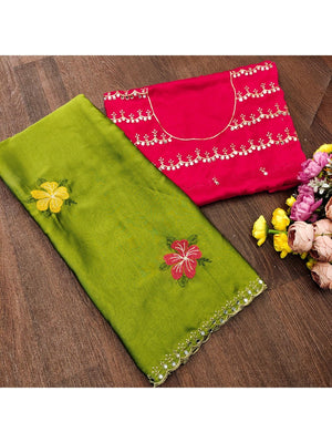 Green & Pink Floral Thread Work Saree Viscose Beautiful Mirror Border Festive Glamour - Image 2