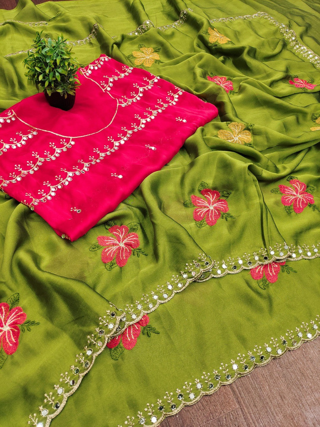 Green & Pink Floral Thread Work Saree Viscose Beautiful Mirror Border Festive Glamour - Image 1