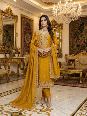 Mustard Thread Embroidered Vichitra Silk Dress Material - Image 1