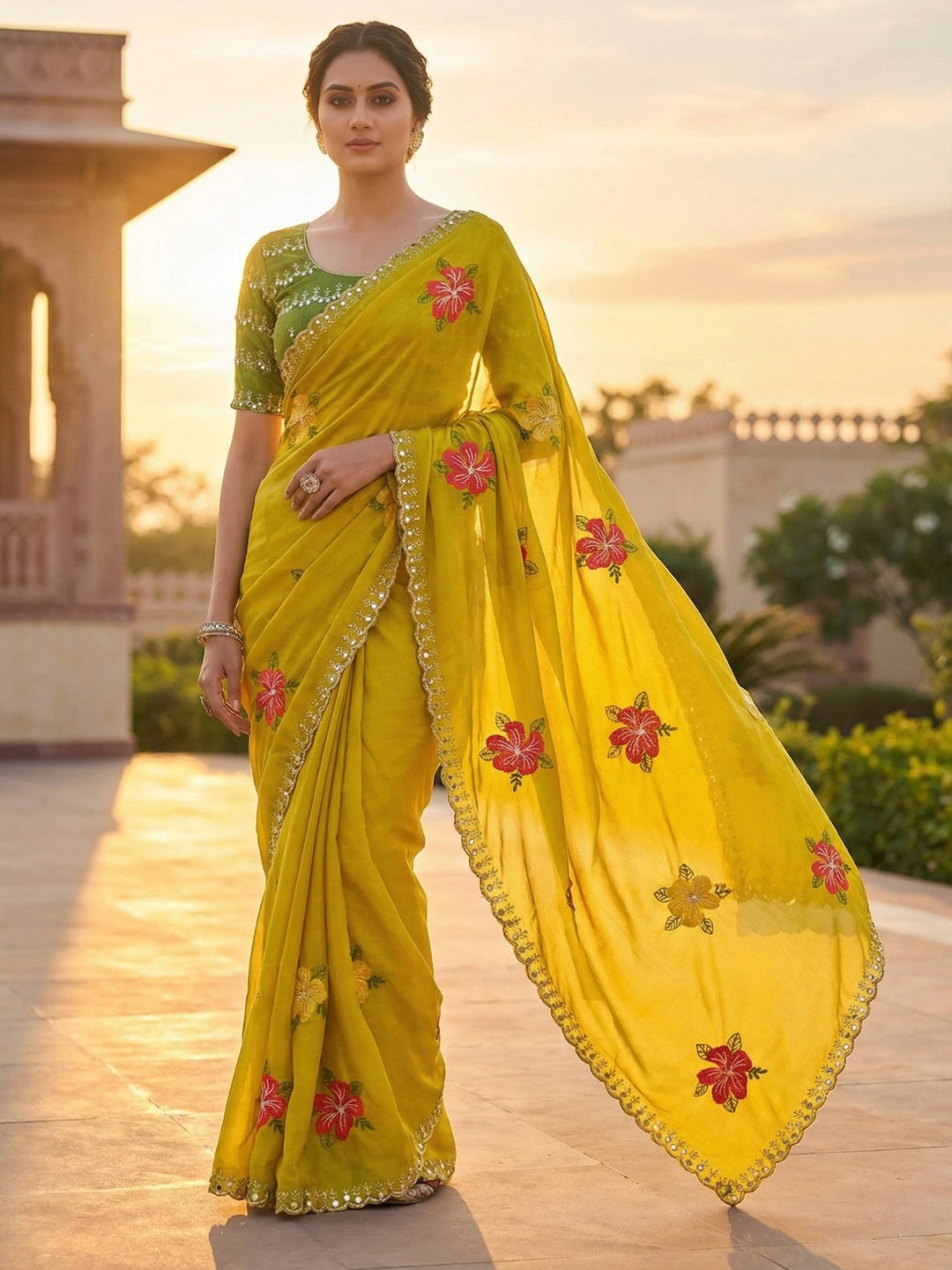 Yellow & Green Floral Thread Work Saree Viscose Beautiful Mirror Border Festive Glamour - Image 1