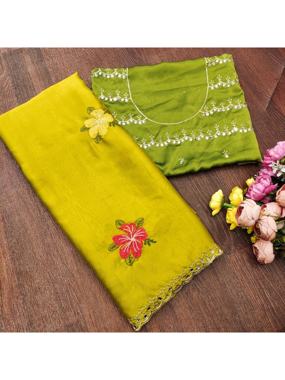 Yellow & Green Floral Thread Work Saree Viscose Beautiful Mirror Border Festive Glamour - Image 2