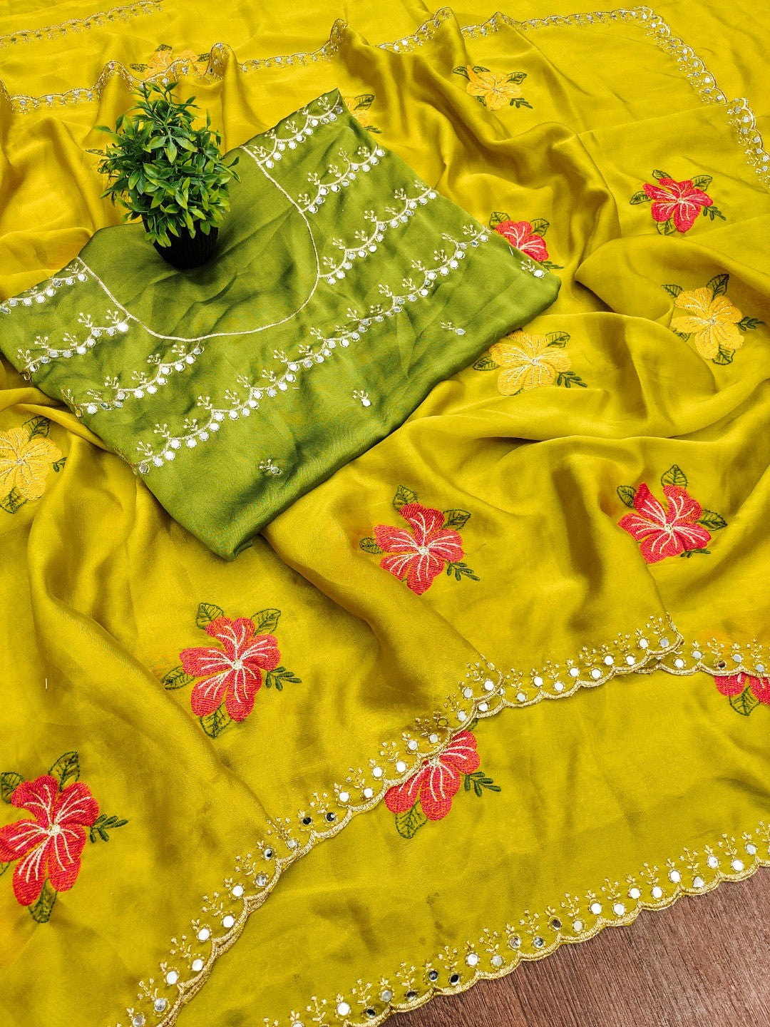 Yellow & Green Floral Thread Work Saree Viscose Beautiful Mirror Border Festive Glamour - Image 3