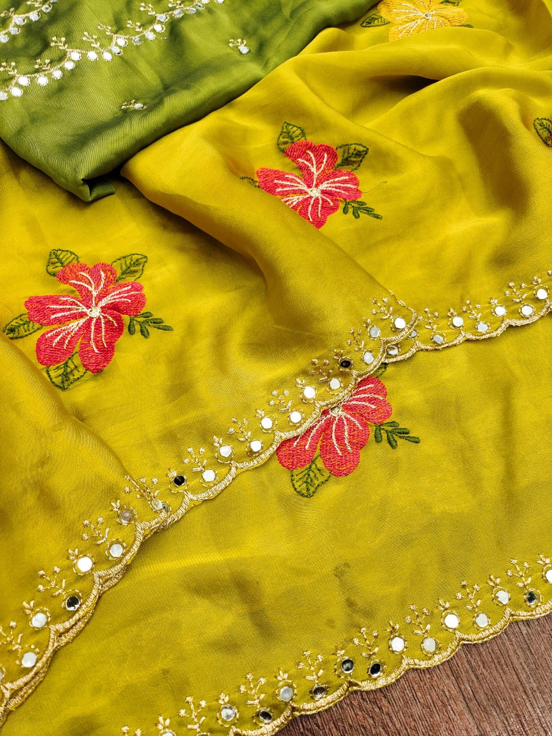 Yellow & Green Floral Thread Work Saree Viscose Beautiful Mirror Border Festive Glamour - Image 4