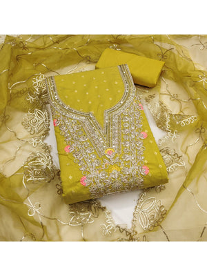 Lemon Yellow Chanderi Dress Material Featuring Intricate Thread Embroidery - Image 1