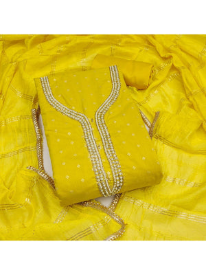 Yellow Chanderi Thread Work Embroidered Dress Material for Festive Wear - Image 1