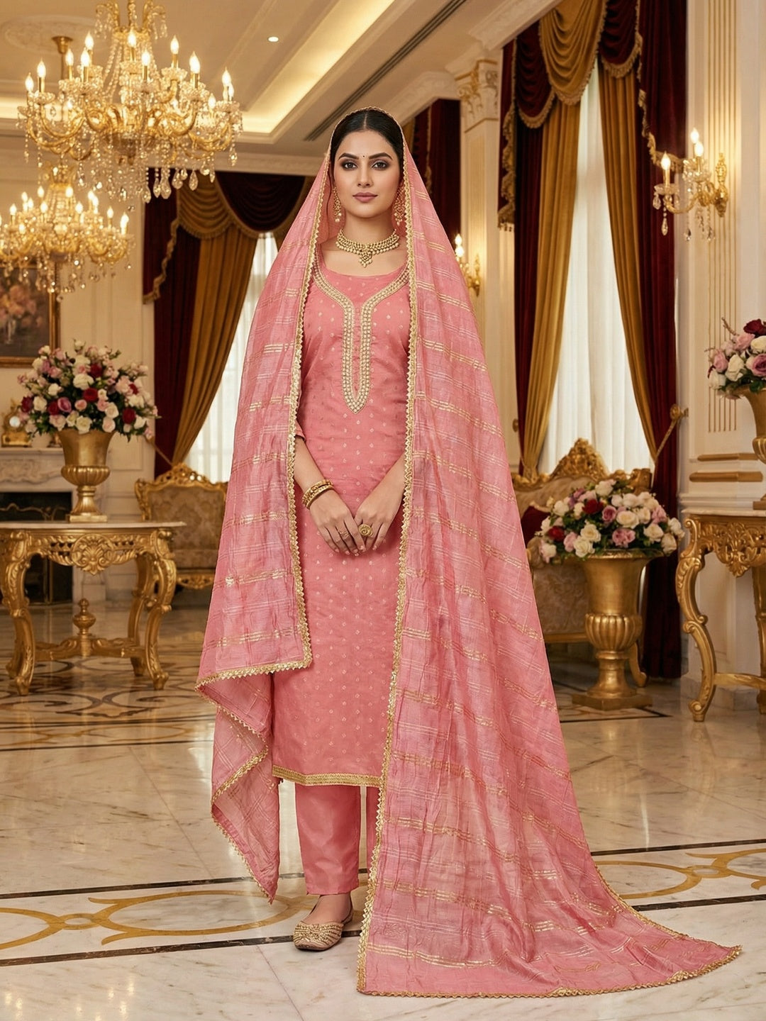 Peach Chanderi Thread Work Embroidered Dress Material for Festive Wear - Image 2
