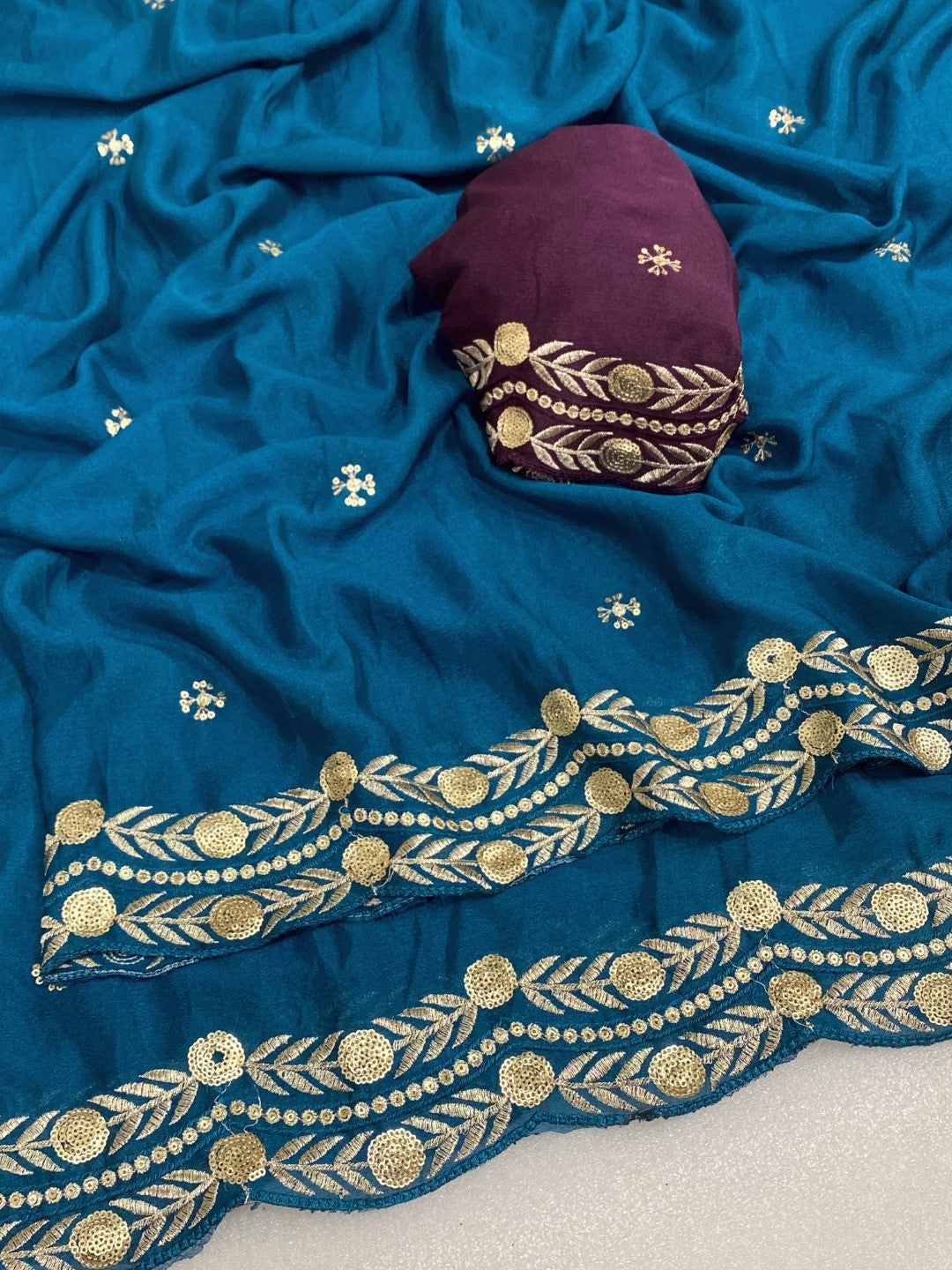 Charming Blue Georgette Saree Enhanced With Intricate Floral Sequins Embroidery - Image 2