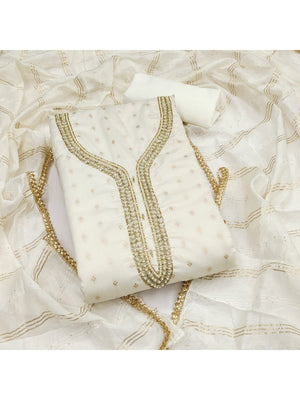 Off White Chanderi Thread Work Embroidered Dress Material for Festive Wear - Image 1