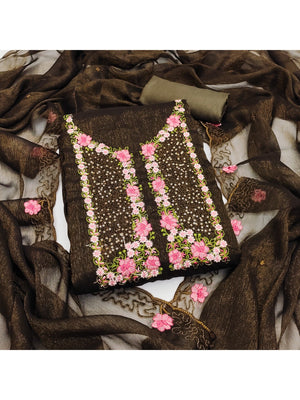 Deep Olive Shimmer Dress Material with Floral Embroidery and Dupatta - Image 2