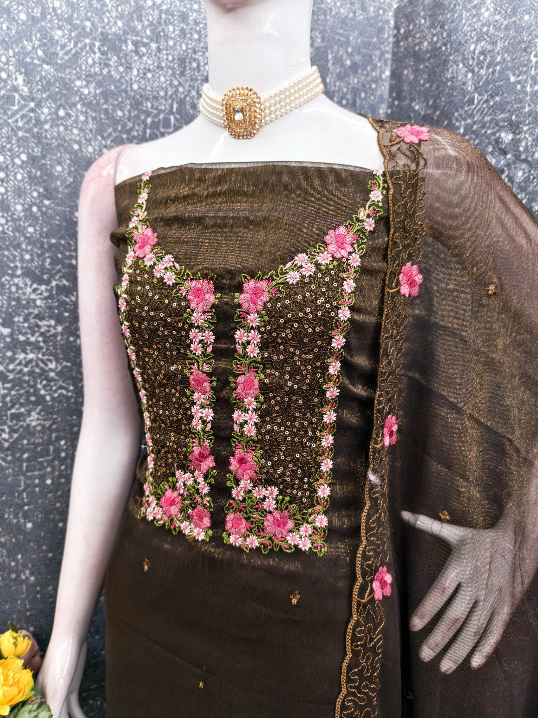 Deep Olive Shimmer Dress Material with Floral Embroidery and Dupatta - Image 3