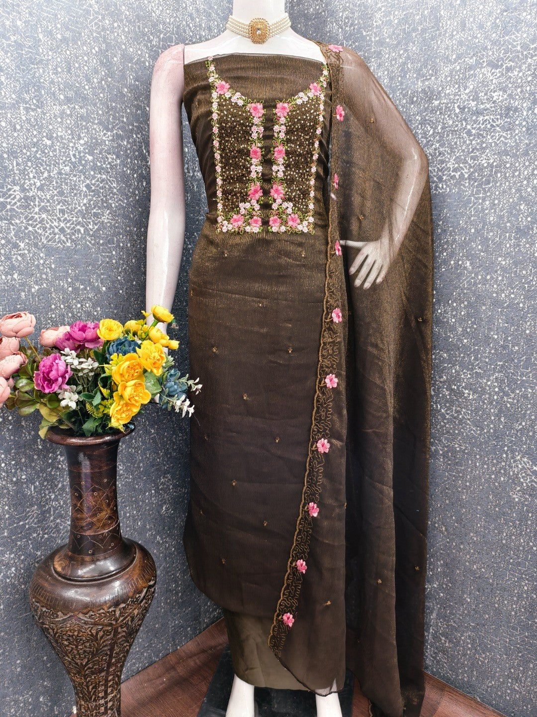 Deep Olive Shimmer Dress Material with Floral Embroidery and Dupatta - Image 4