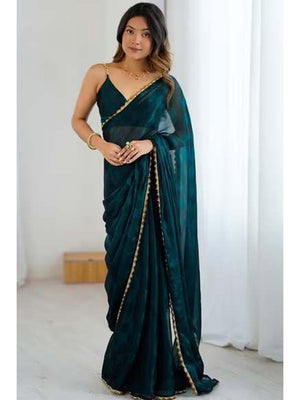 Teal Printed Satin Partywear Saree Enhanced with Elegant Lace Border - Image 1
