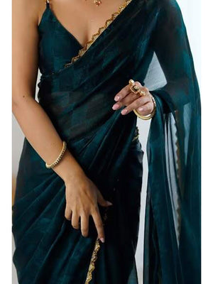 Teal Printed Satin Partywear Saree Enhanced with Elegant Lace Border - Image 2