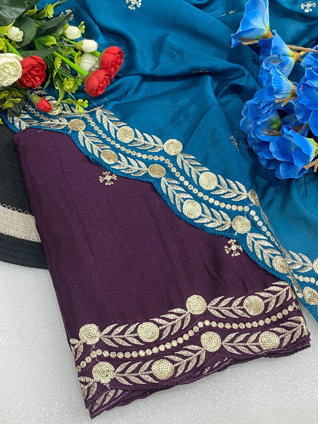 Charming Wine Georgette Saree Enhanced With Intricate Floral Sequins Embroidery - Image 2