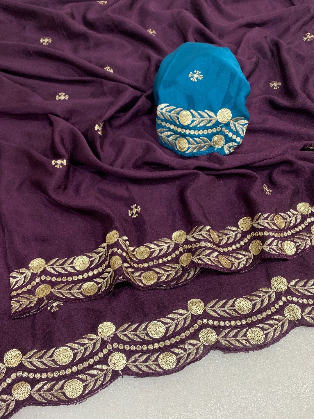 Charming Wine Georgette Saree Enhanced With Intricate Floral Sequins Embroidery - Image 4