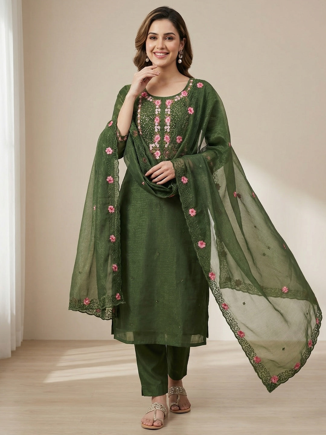 Green Shimmer Dress Material with Floral Embroidery and Dupatta - Image 1