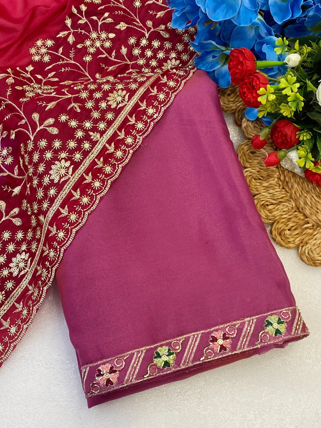 Timeless Pink Solid Georgette Saree Finished With Graceful Floral Hand Embroidered Lace Border - Image 3