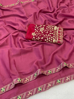 Timeless Pink Solid Georgette Saree Finished With Graceful Floral Hand Embroidered Lace Border - Image 2