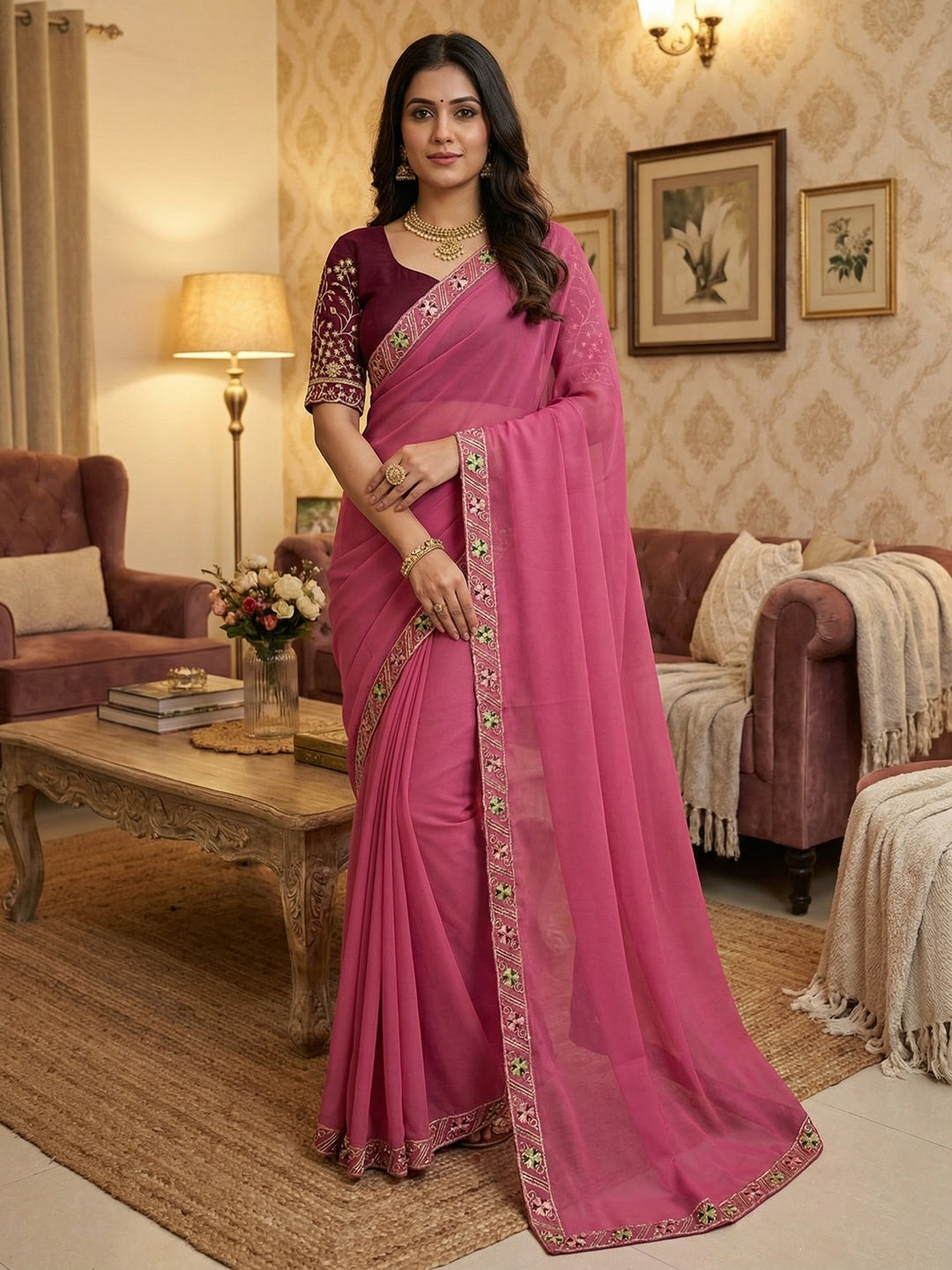 Timeless Pink Solid Georgette Saree Finished With Graceful Floral Hand Embroidered Lace Border - Image 1