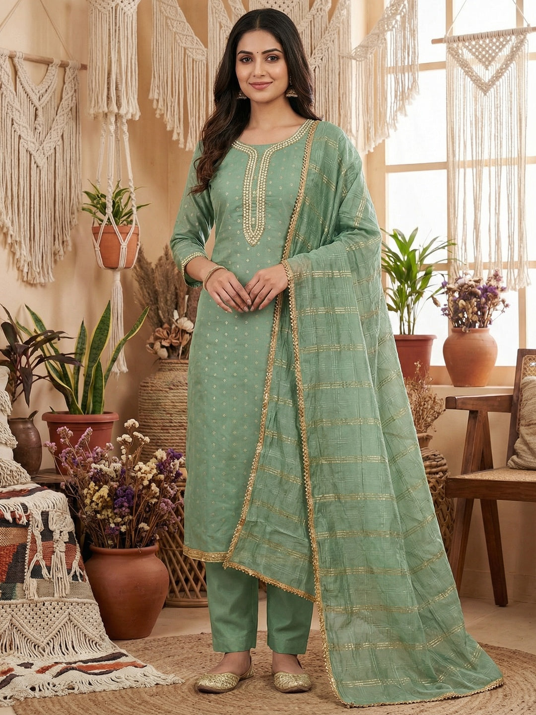 Sage Green Chanderi Thread Work Embroidered Dress Material for Festive Wear - Image 1
