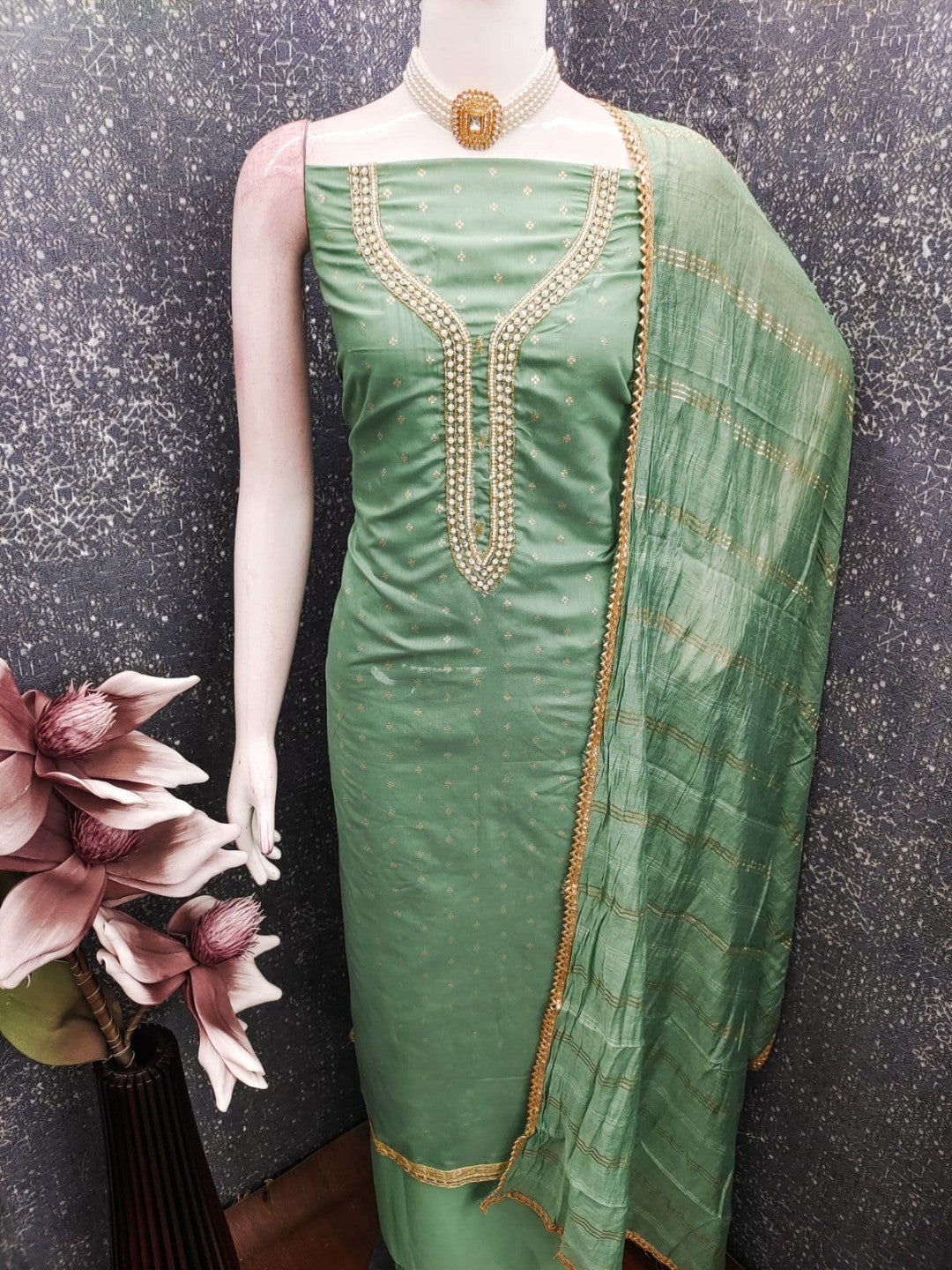 Sage Green Chanderi Thread Work Embroidered Dress Material for Festive Wear - Image 2