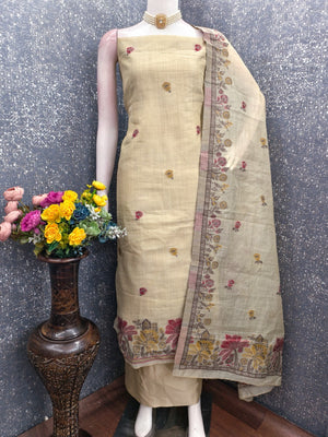 Elegant Beige Chanderi Silk Jamdani Unstitched Dress Material - Image 2