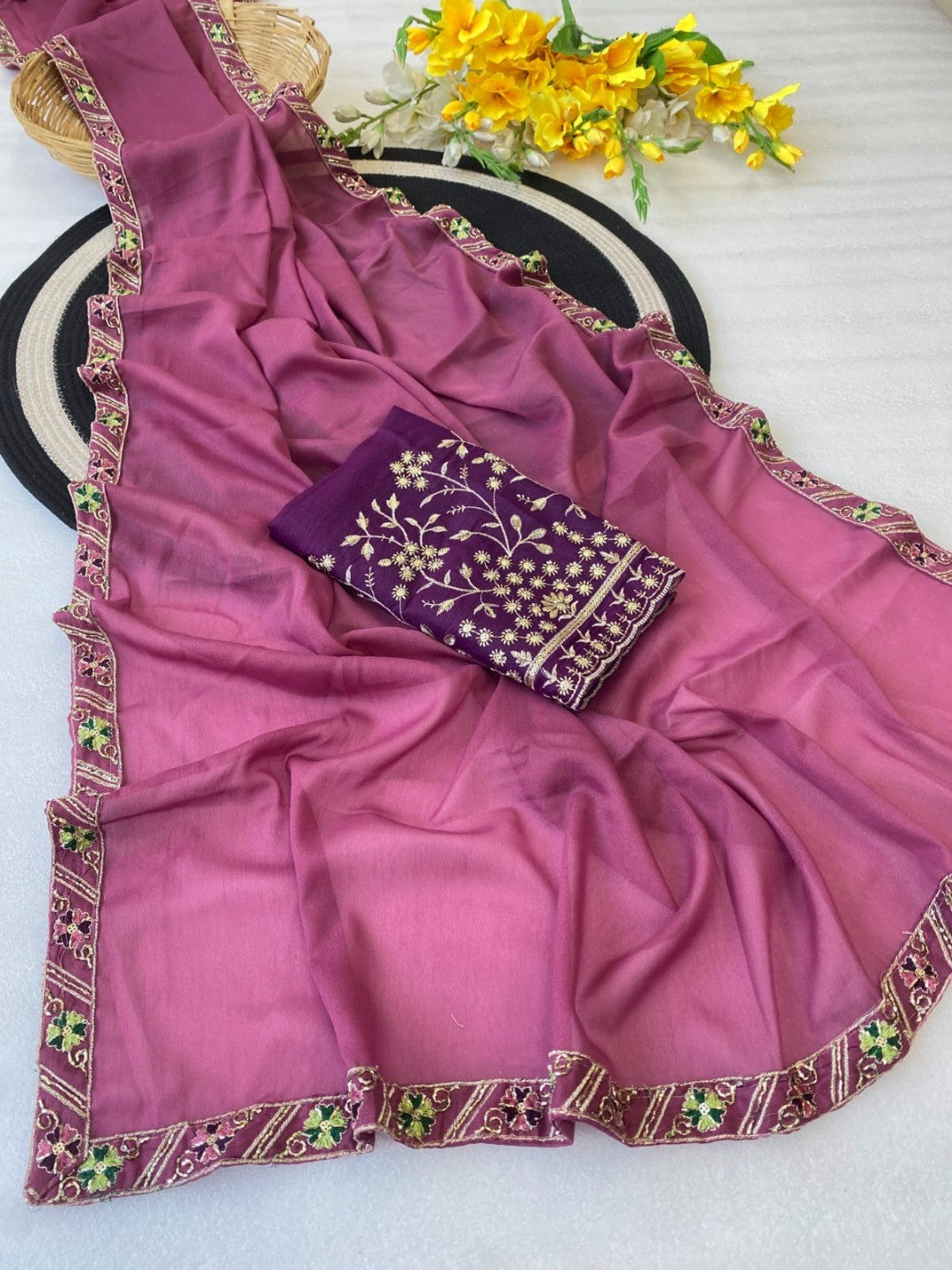 Timeless Onion Pink Solid Georgette Saree Finished With Graceful Floral Hand Embroidered Lace Border - Image 2