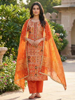Luxurious Orange Weaving Viscose Banarasi Dress Material Highlighted With Beads & Moti Handwork - Image 1