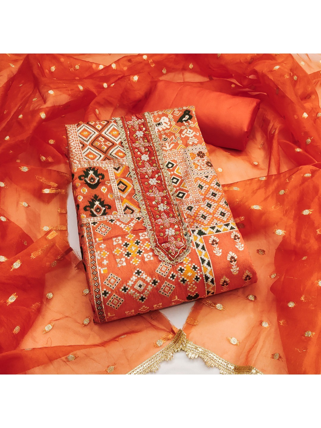 Luxurious Orange Weaving Viscose Banarasi Dress Material Highlighted With Beads & Moti Handwork - Image 3