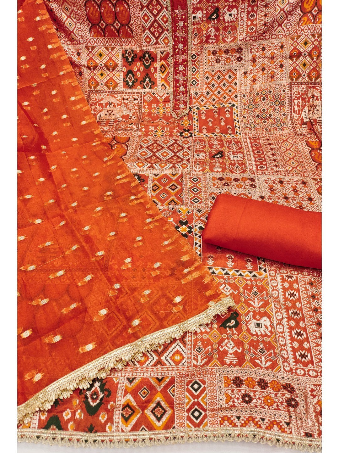 Luxurious Orange Weaving Viscose Banarasi Dress Material Highlighted With Beads & Moti Handwork - Image 4