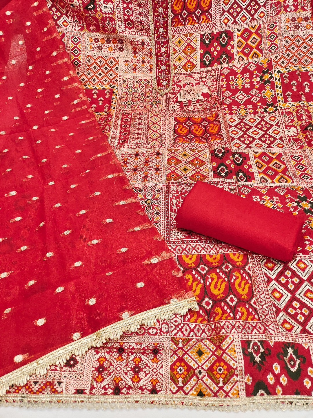 Luxurious Red Weaving Viscose Banarasi Dress Material Highlighted With Beads & Moti Handwork - Image 4