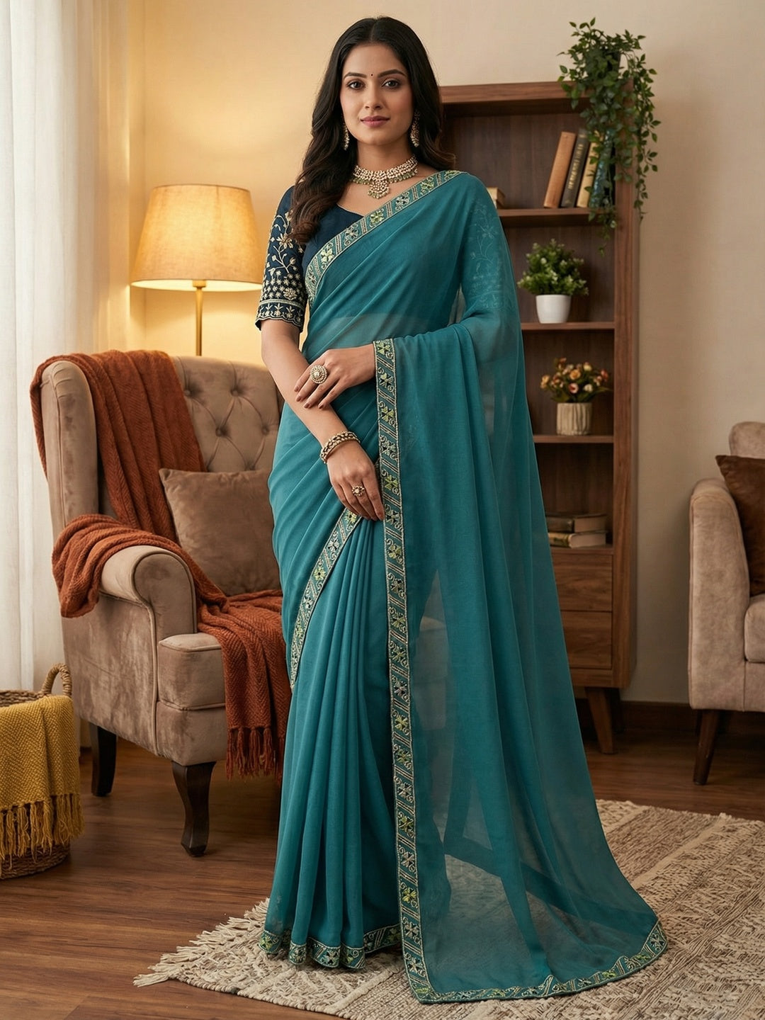 Timeless Blue Solid Georgette Saree Finished With Graceful Floral Hand Embroidered Lace Border - Image 1