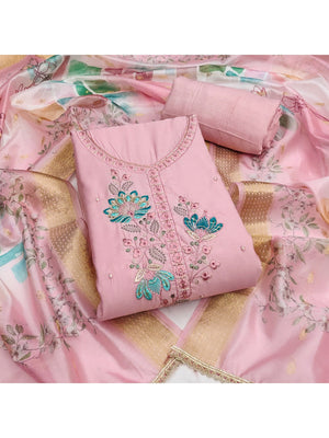 Classic Pink Floral Embroidered Cotton Silk Dress Material Featuring Elegant Handwork - Image 1
