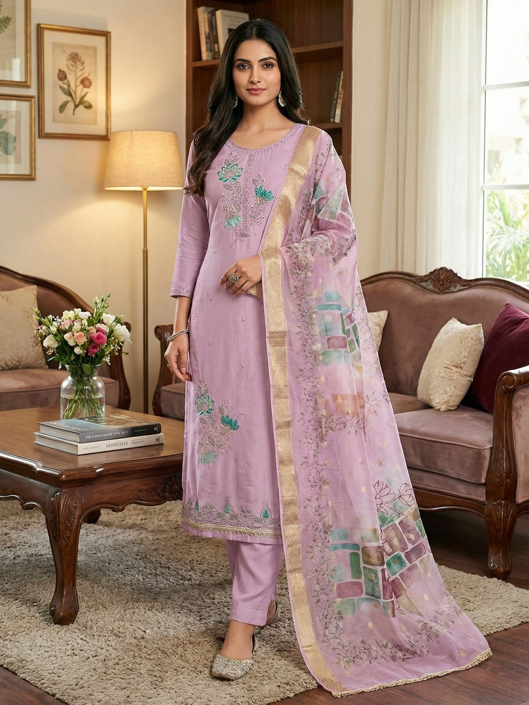 Classic Light Purple Floral Embroidered Cotton Silk Dress Material Featuring Elegant Handwork - Image 1