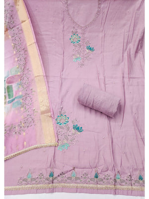 Classic Light Purple Floral Embroidered Cotton Silk Dress Material Featuring Elegant Handwork - Image 2