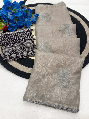 Charming Grey Chiffon Saree With Graceful Floral Embroidery & Fine Finish - Image 2